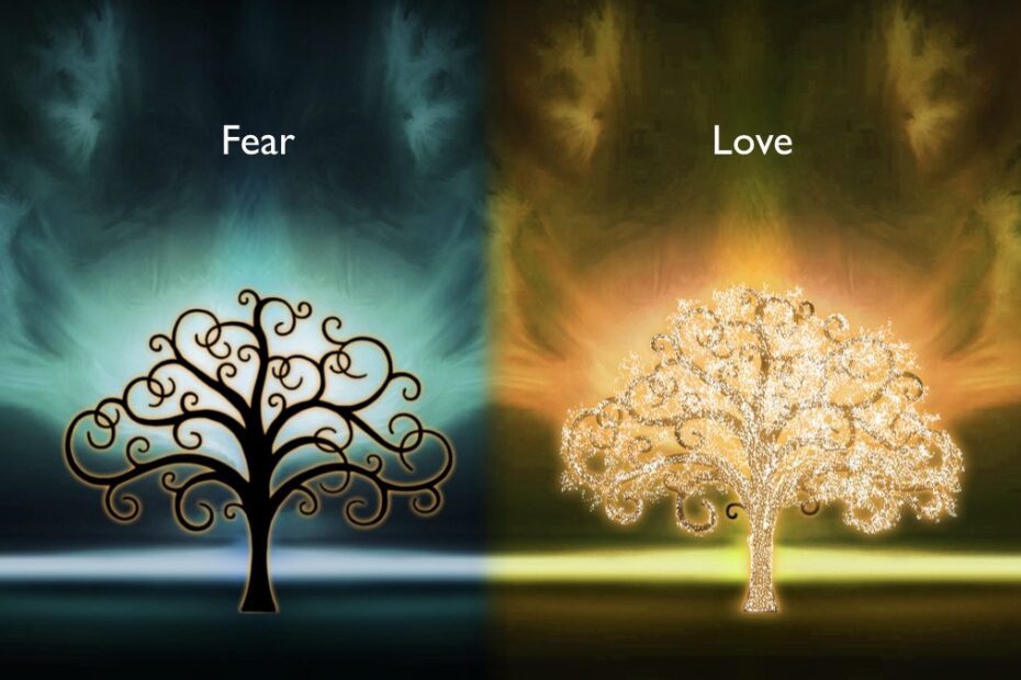 Two trees with the words fear and love.