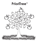 A black and white drawing of a tree with apples on it.
