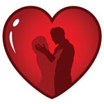 A silhouette of a man and woman kissing in a red heart.