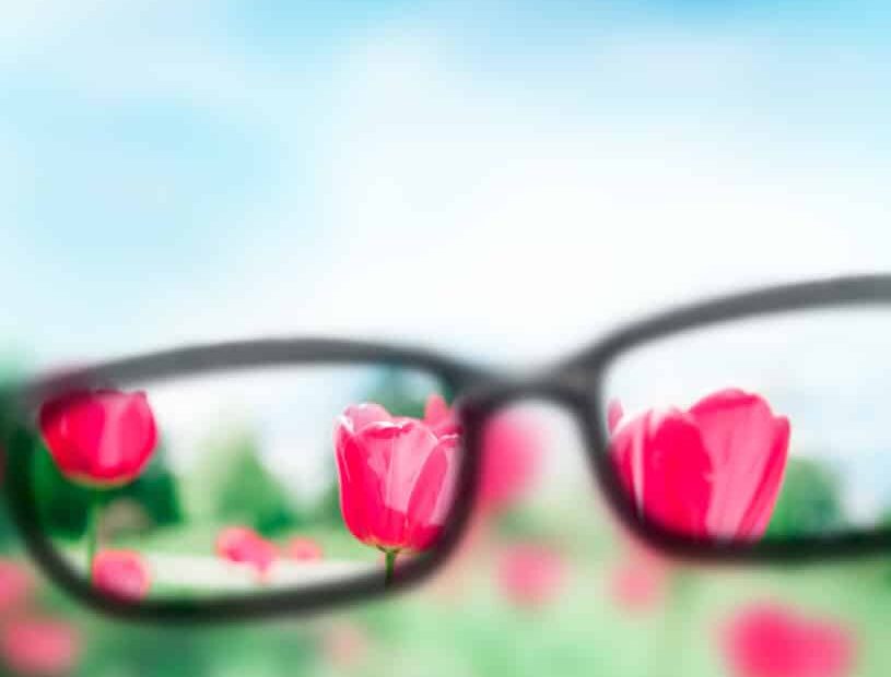 A pair of glasses with red tulips in the background.