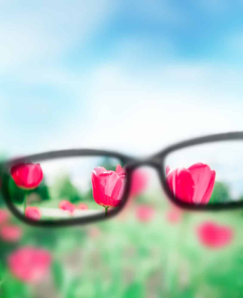 A pair of glasses with red tulips in the background.